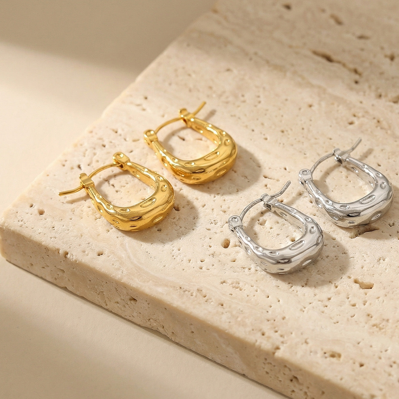 316L Stainless Steel Matte Hammered Texture Elegant Hoop Earrings - Image 7