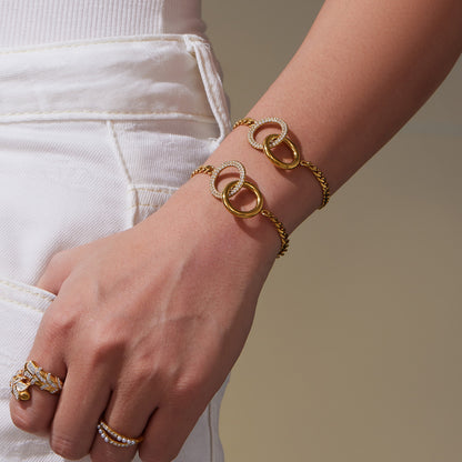 316L Stainless Steel Minimalist Interlocking Double Ring Zircon Pave Bracelet & Necklace - Geometric Interlocking Rings with Zircon Pave Detail 1