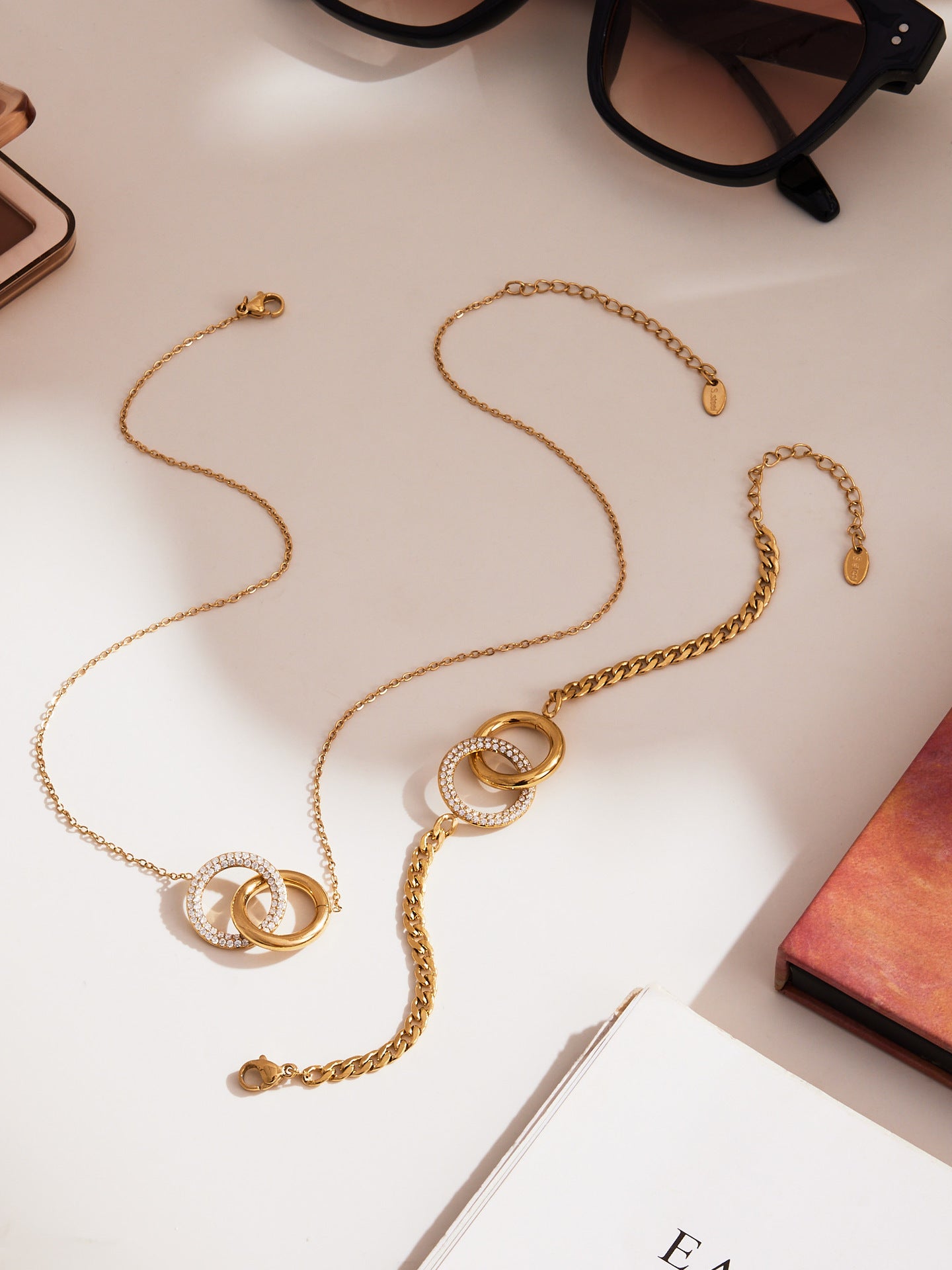 316L Stainless Steel Minimalist Interlocking Double Ring Zircon Pave Bracelet & Necklace - Geometric Interlocking Rings with Zircon Pave Detail 10