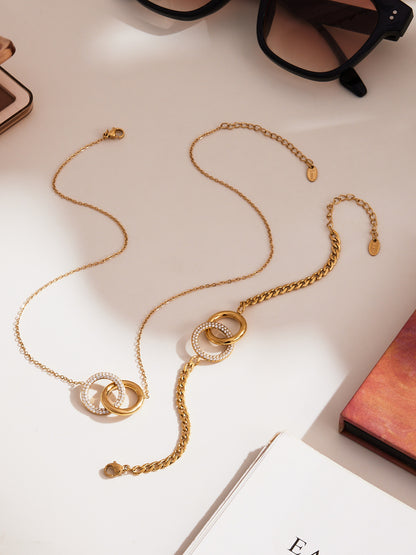 316L Stainless Steel Minimalist Interlocking Double Ring Zircon Pave Bracelet & Necklace - Geometric Interlocking Rings with Zircon Pave Detail 10