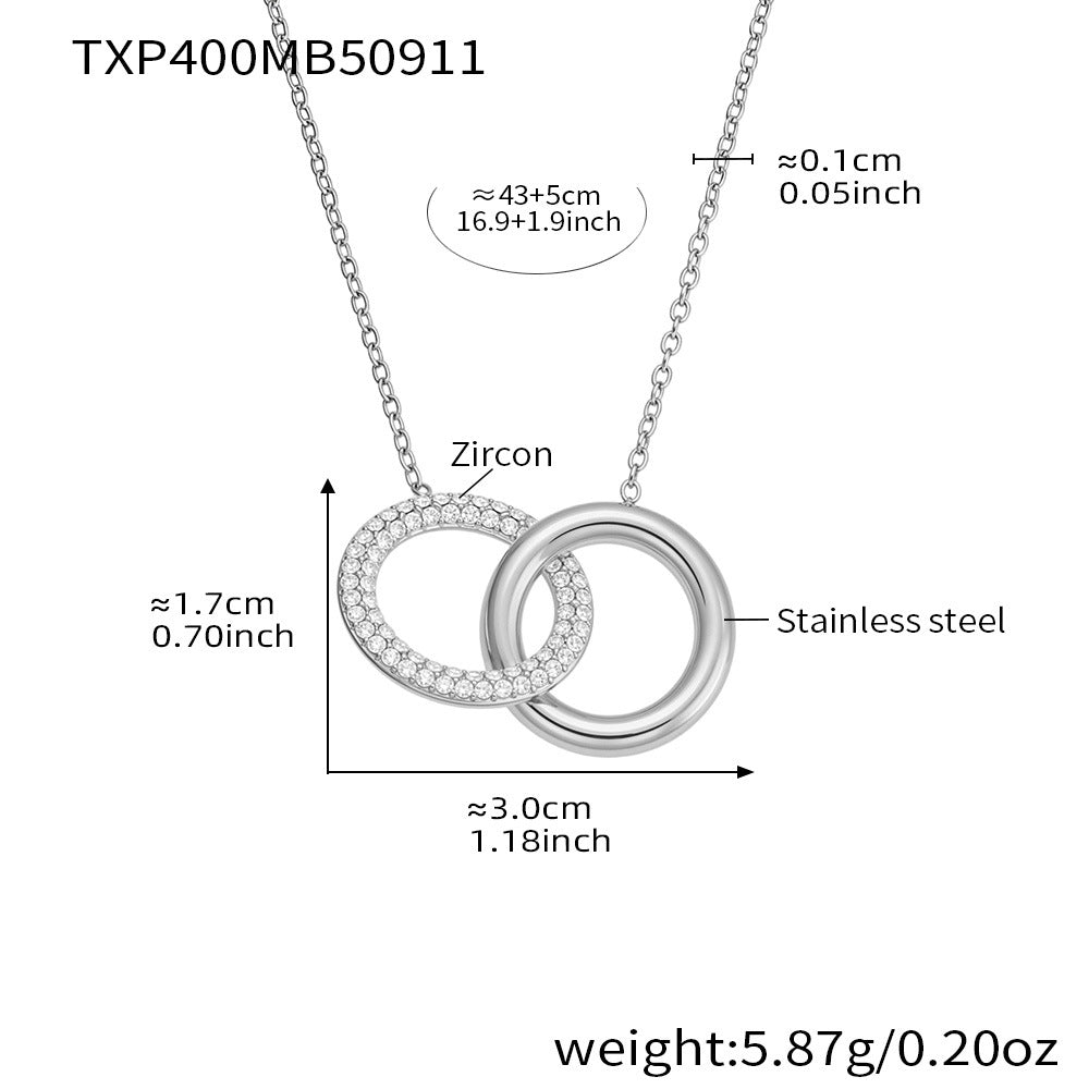 316L Stainless Steel Minimalist Interlocking Double Ring Zircon Pave Bracelet & Necklace - Geometric Interlocking Rings with Zircon Pave Detail 12