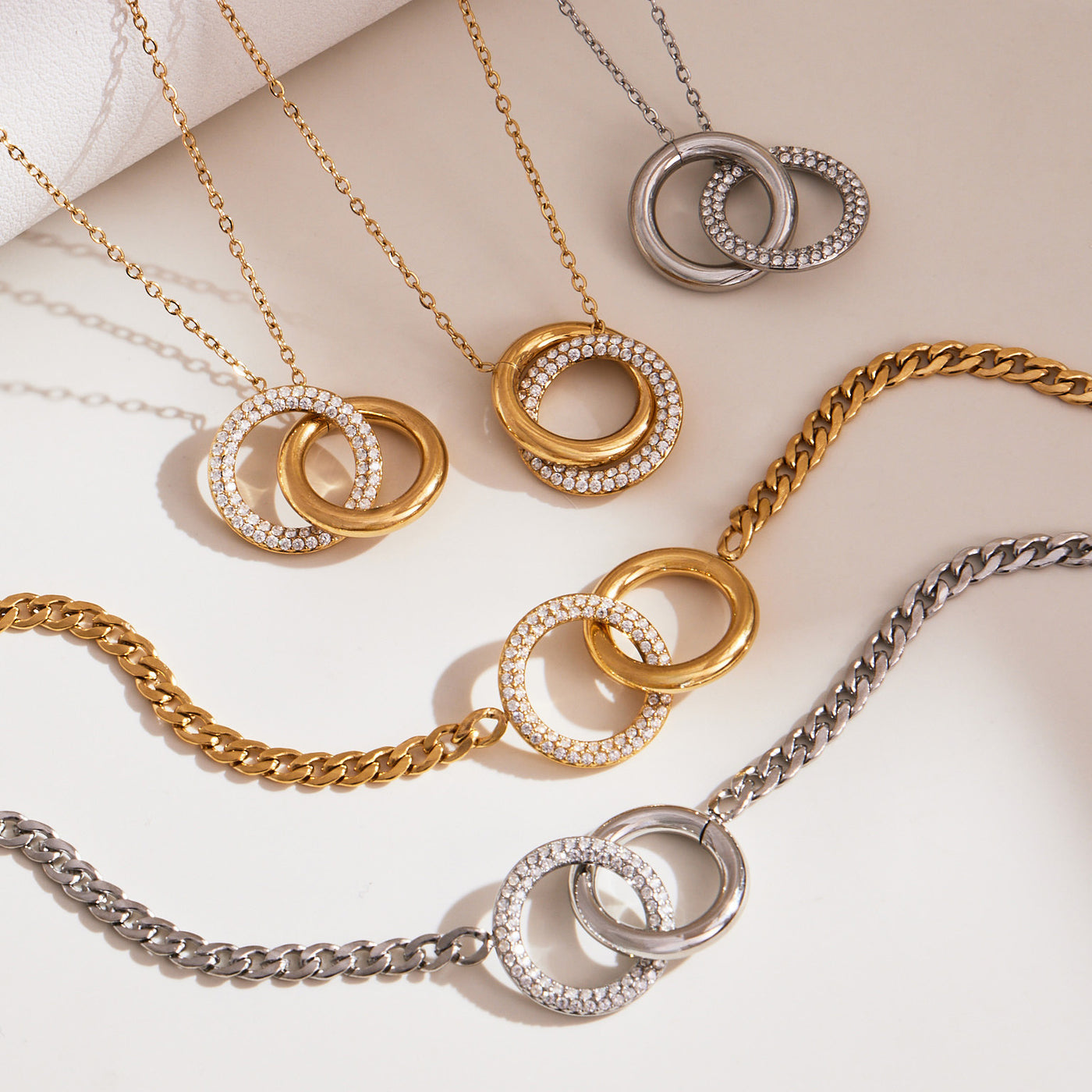 316L Stainless Steel Minimalist Interlocking Double Ring Zircon Pave Bracelet & Necklace - Geometric Interlocking Rings with Zircon Pave Detail 13