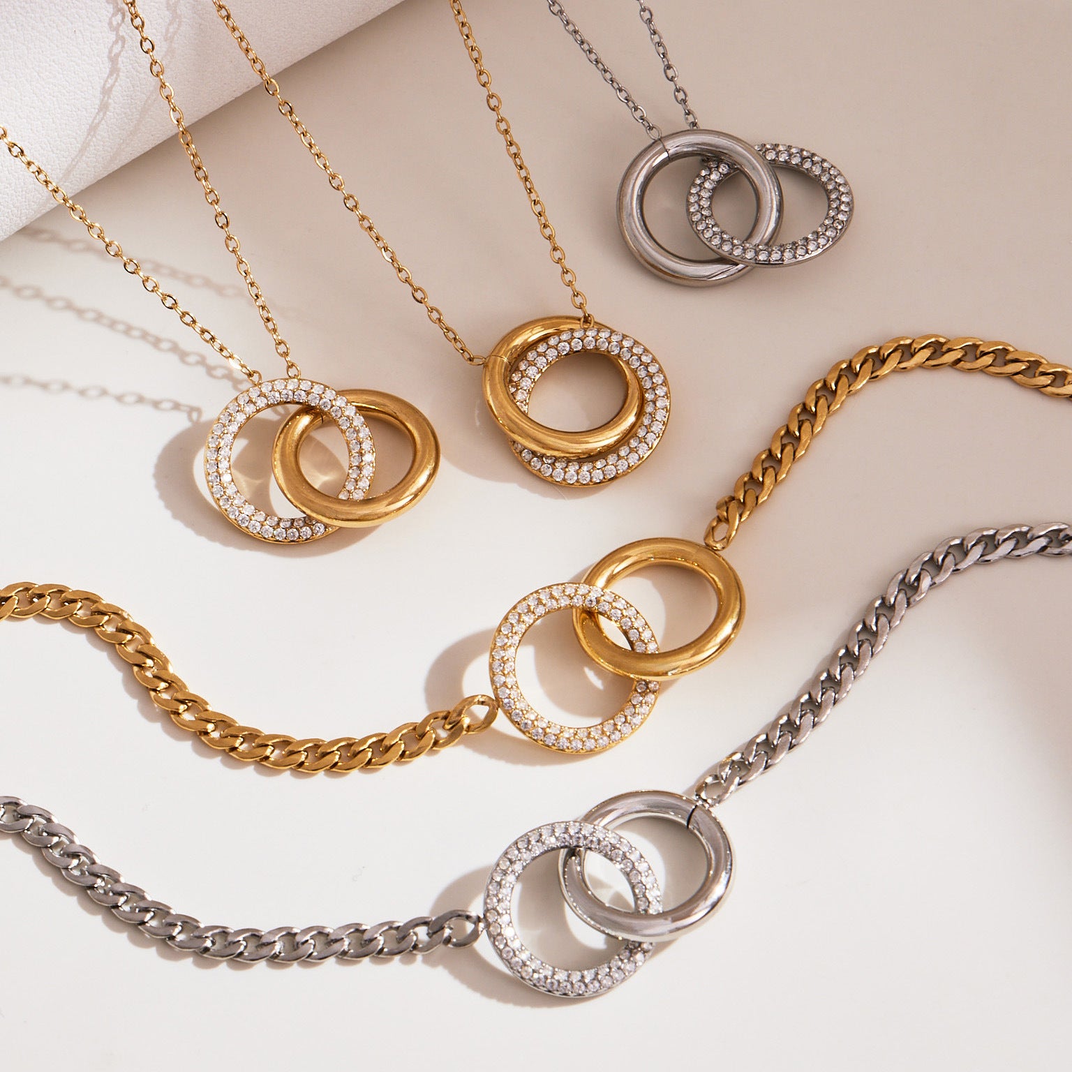 316L Stainless Steel Minimalist Interlocking Double Ring Zircon Pave Bracelet & Necklace - Geometric Interlocking Rings with Zircon Pave Detail 13
