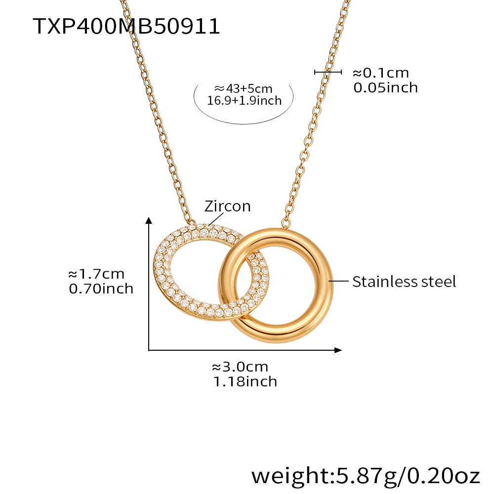316L Stainless Steel Minimalist Interlocking Double Ring Zircon Pave Bracelet & Necklace - Geometric Interlocking Rings with Zircon Pave Detail 14