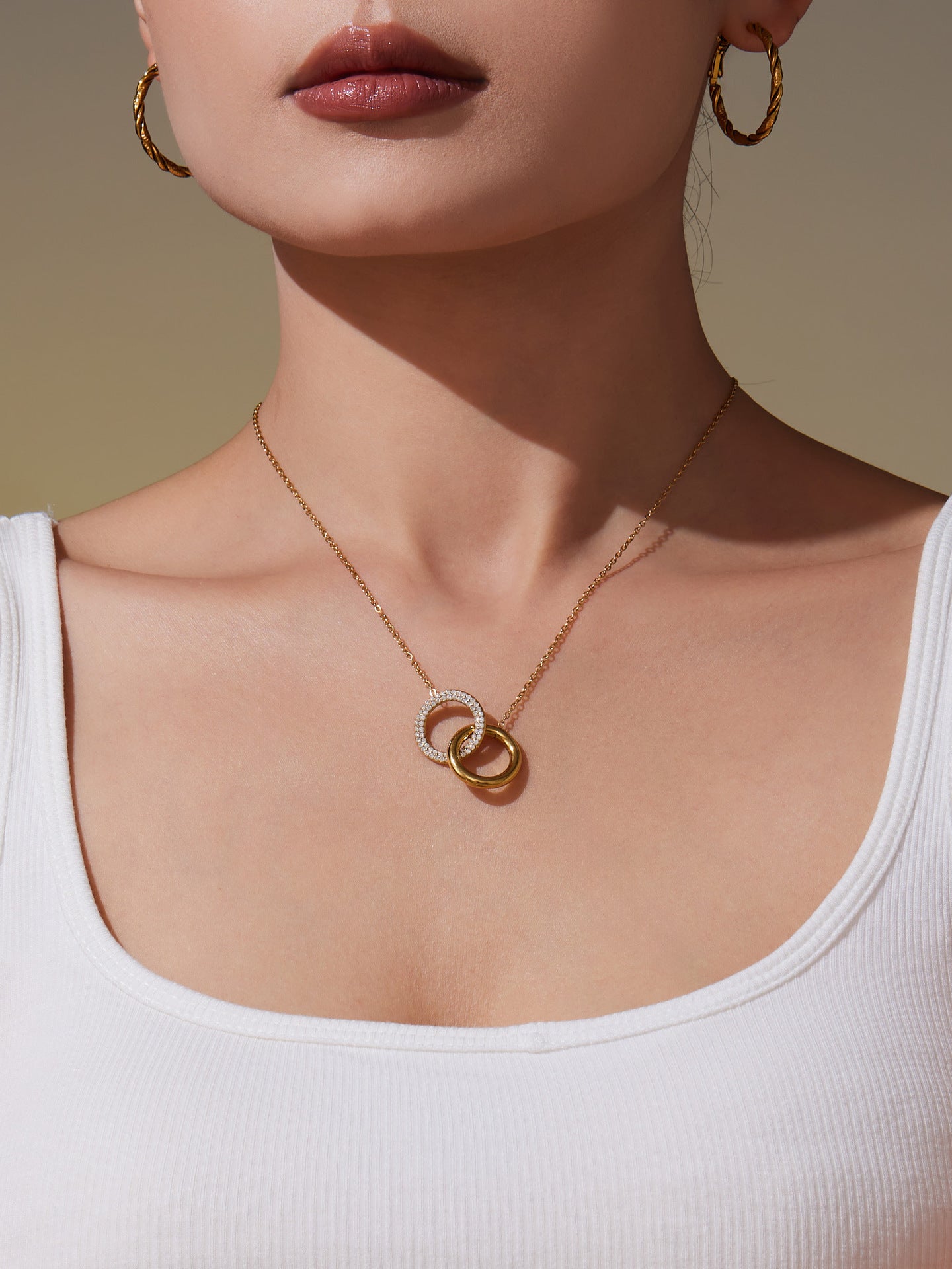 316L Stainless Steel Minimalist Interlocking Double Ring Zircon Pave Bracelet & Necklace - Geometric Interlocking Rings with Zircon Pave Detail 15