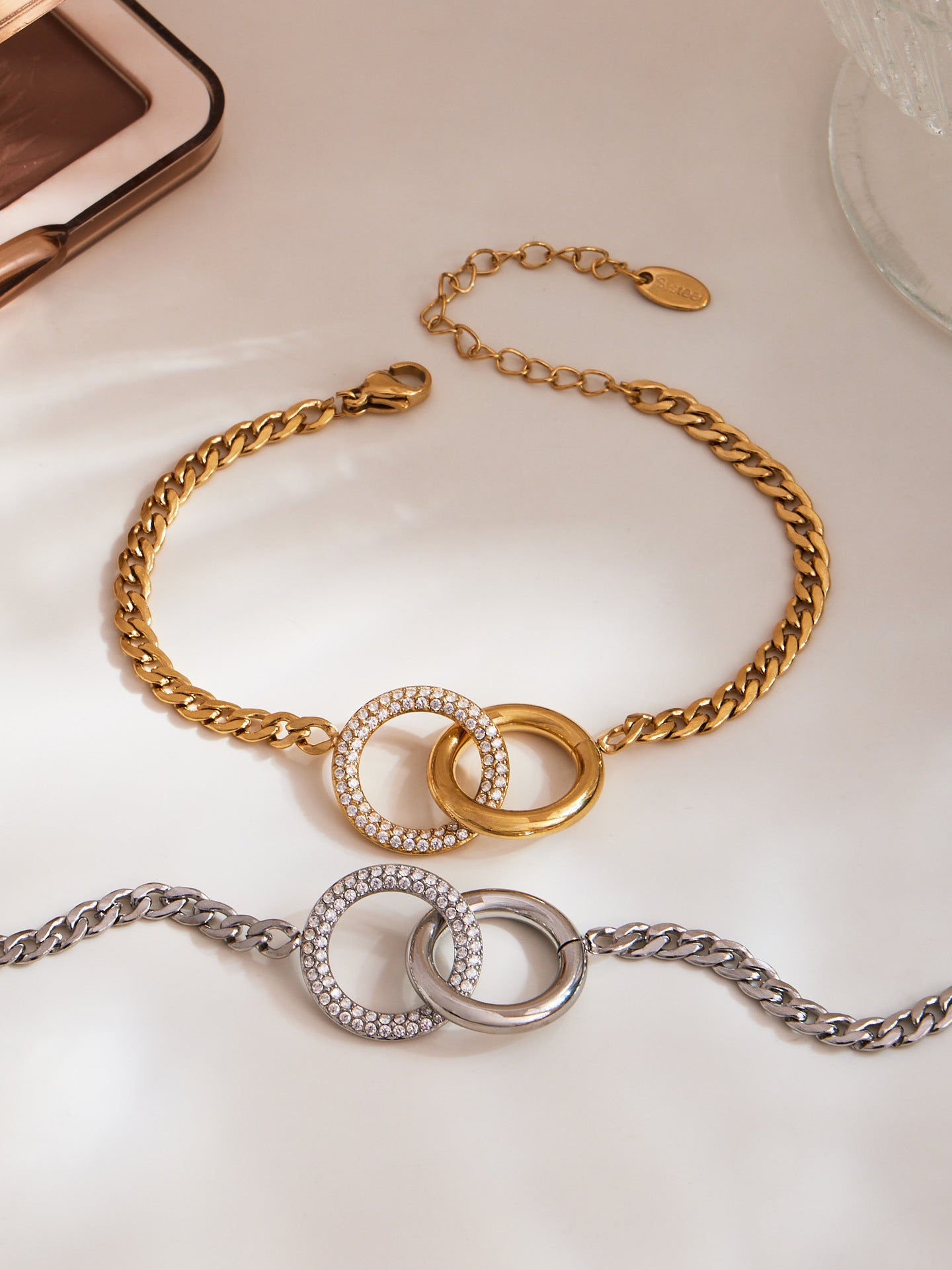 316L Stainless Steel Minimalist Interlocking Double Ring Zircon Pave Bracelet & Necklace - Geometric Interlocking Rings with Zircon Pave Detail 16