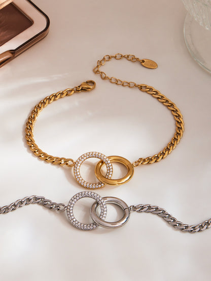 316L Stainless Steel Minimalist Interlocking Double Ring Zircon Pave Bracelet & Necklace - Geometric Interlocking Rings with Zircon Pave Detail 16