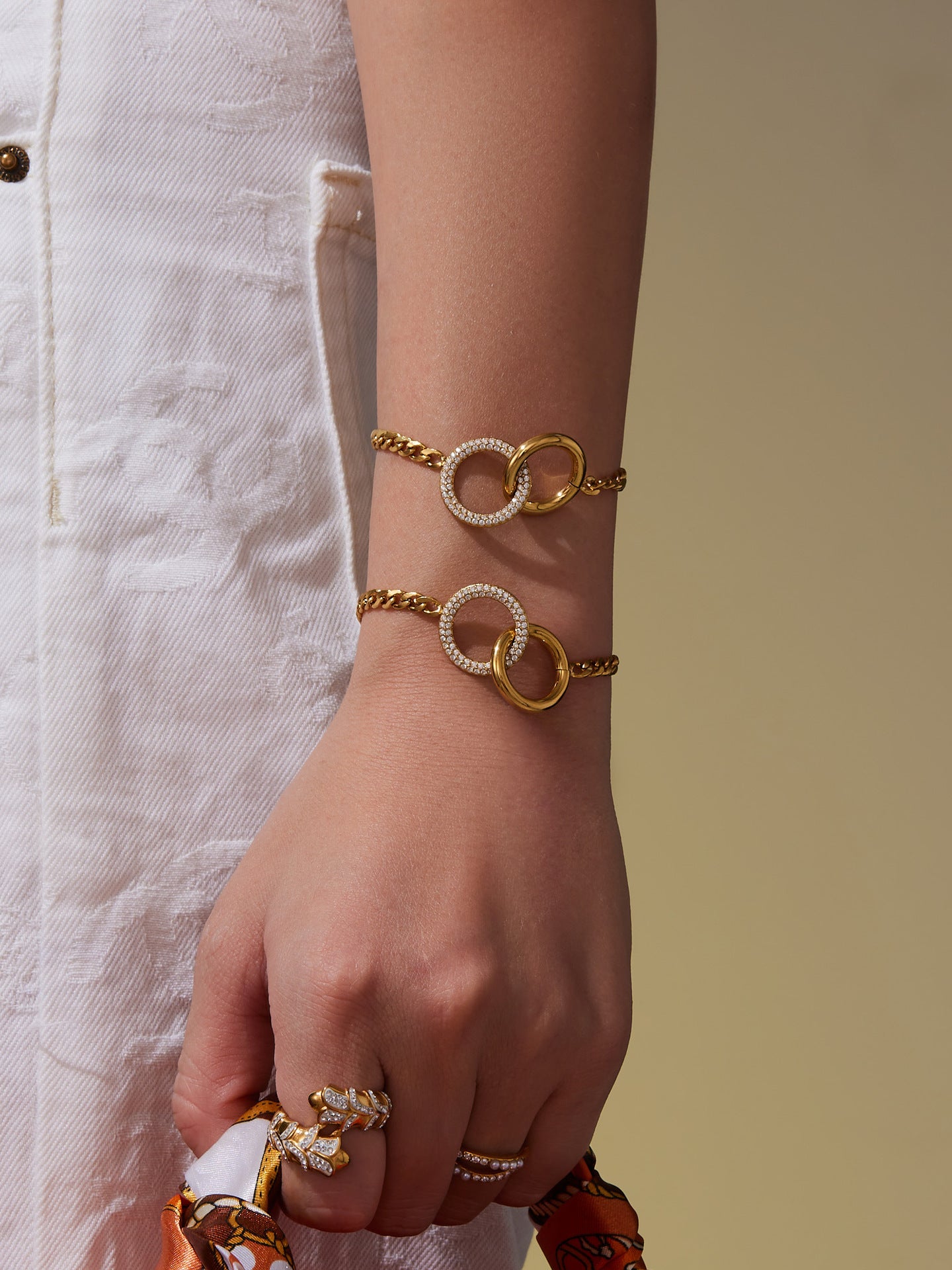 316L Stainless Steel Minimalist Interlocking Double Ring Zircon Pave Bracelet & Necklace - Geometric Interlocking Rings with Zircon Pave Detail 19