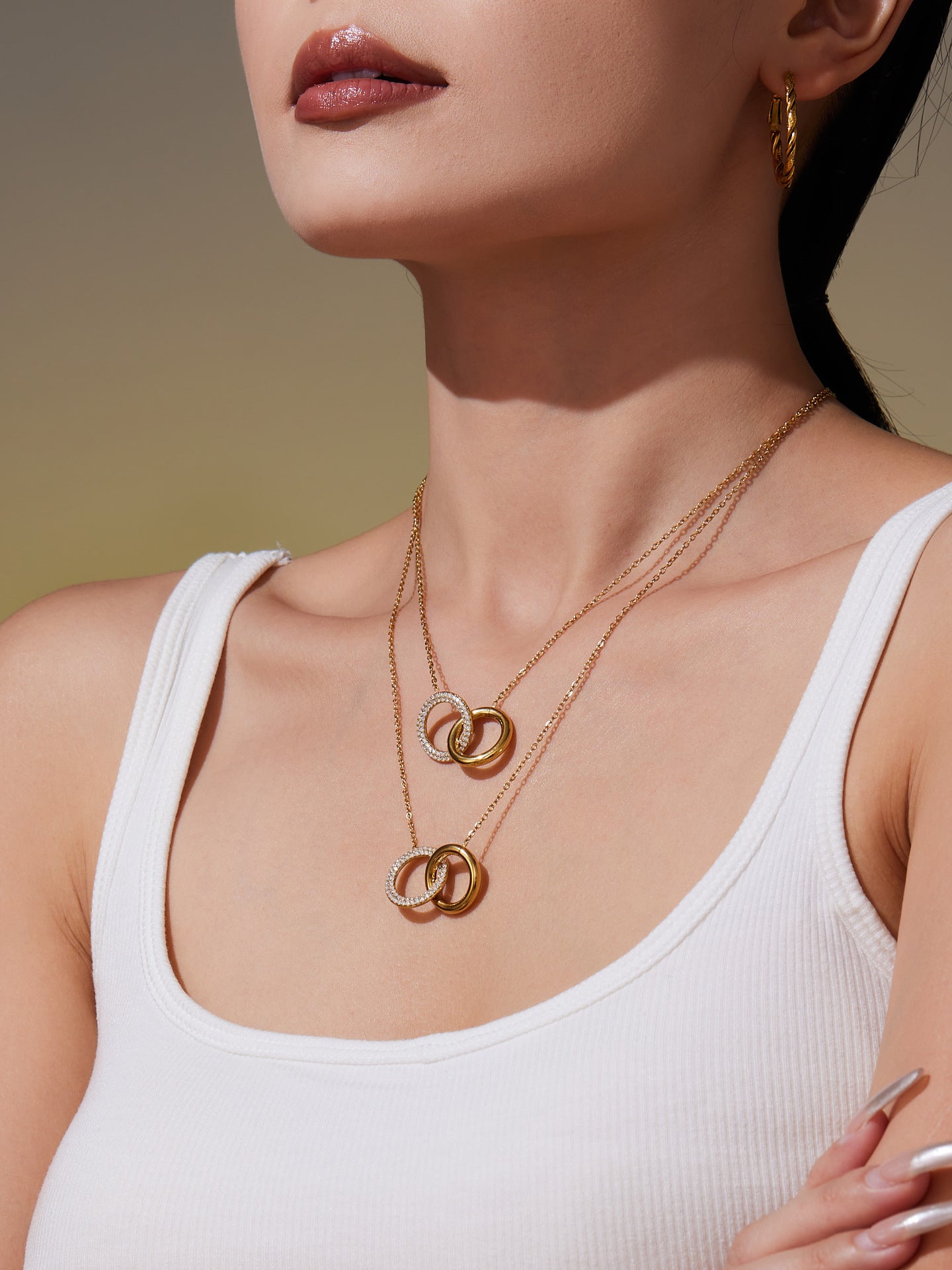 316L Stainless Steel Minimalist Interlocking Double Ring Zircon Pave Bracelet & Necklace - Geometric Interlocking Rings with Zircon Pave Detail 2