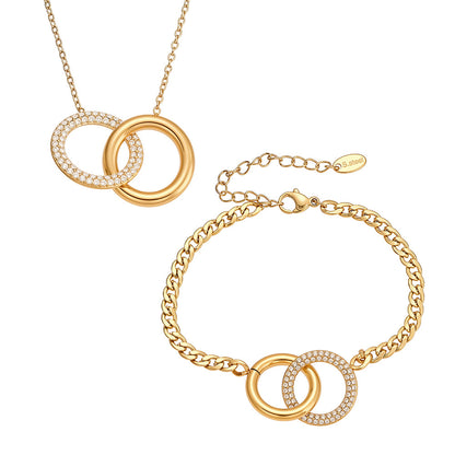 316L Stainless Steel Minimalist Interlocking Double Ring Zircon Pave Bracelet & Necklace - Geometric Interlocking Rings with Zircon Pave Detail 3