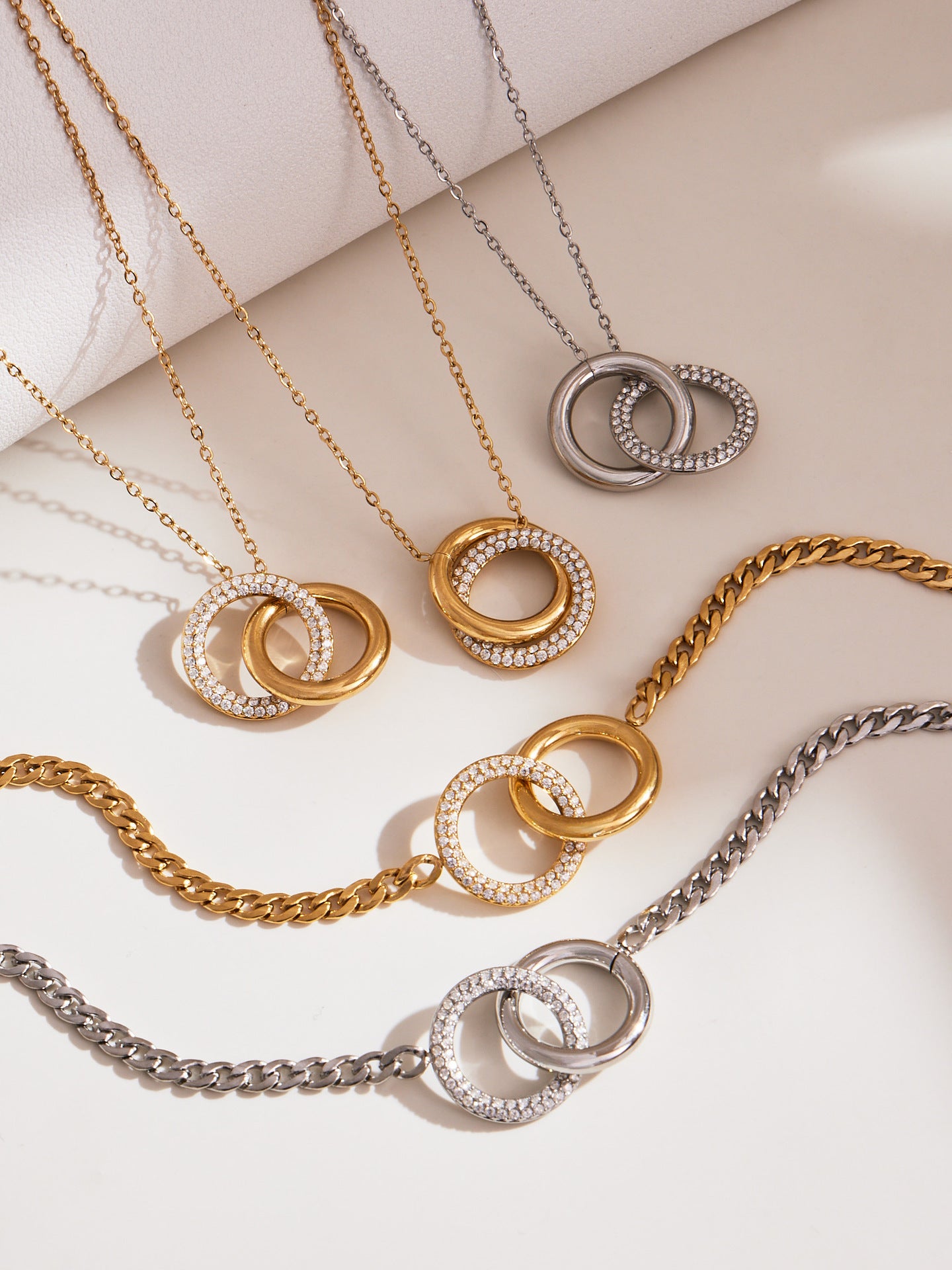 316L Stainless Steel Minimalist Interlocking Double Ring Zircon Pave Bracelet & Necklace - Geometric Interlocking Rings with Zircon Pave Detail 4