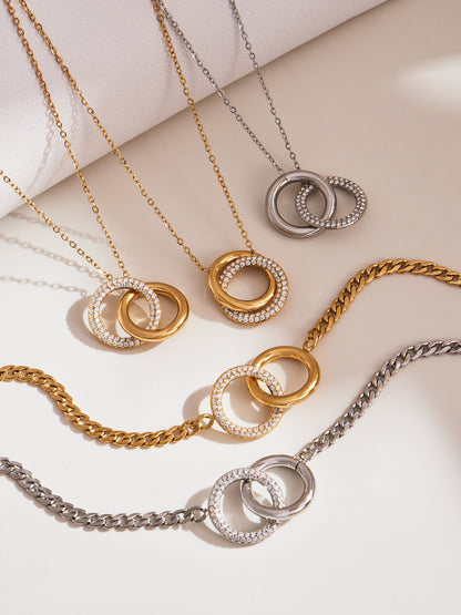 316L Stainless Steel Minimalist Interlocking Double Ring Zircon Pave Bracelet & Necklace - Geometric Interlocking Rings with Zircon Pave Detail 4