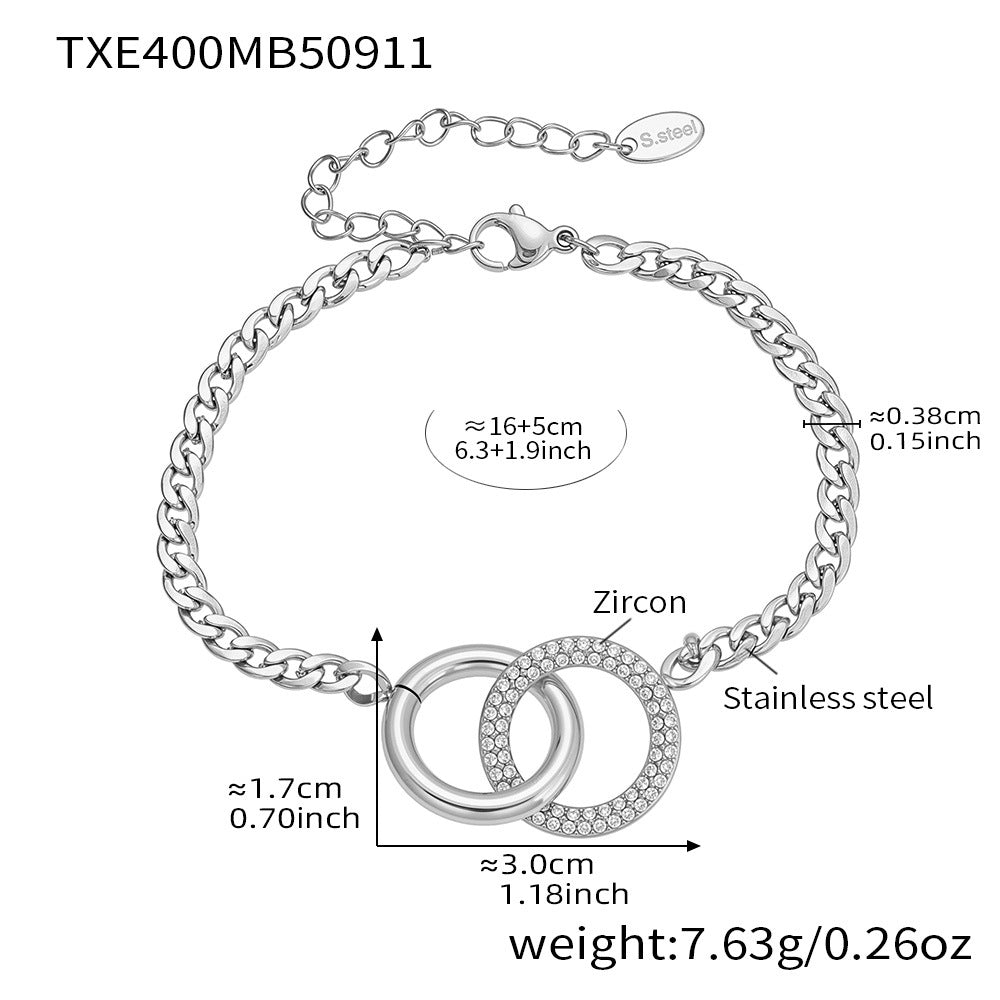 316L Stainless Steel Minimalist Interlocking Double Ring Zircon Pave Bracelet & Necklace - Geometric Interlocking Rings with Zircon Pave Detail 6