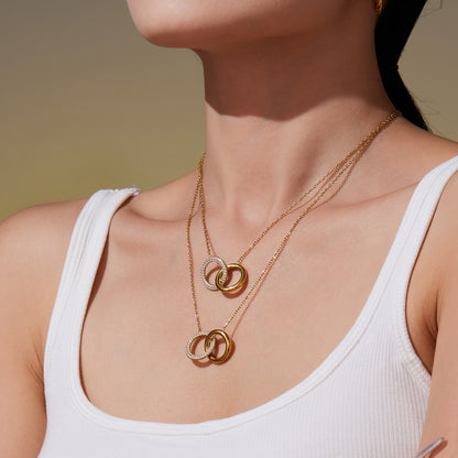 316L Stainless Steel Minimalist Interlocking Double Ring Zircon Pave Bracelet & Necklace - Geometric Interlocking Rings with Zircon Pave Detail 7