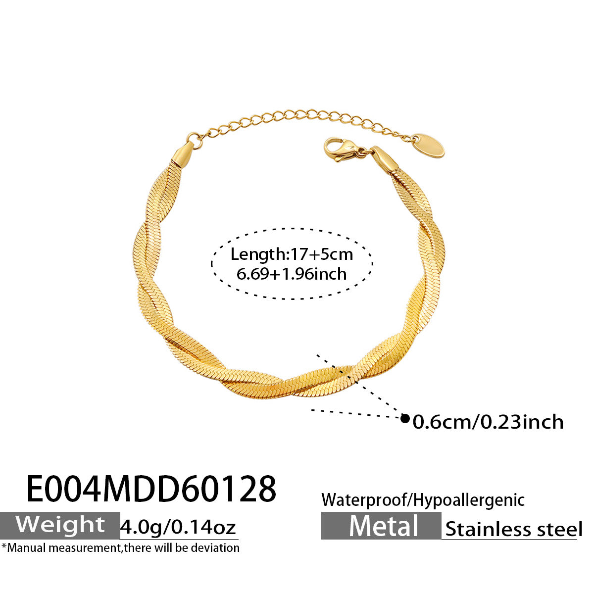 316L Stainless Steel minimalist intertwined blade chain bracelet line drawing, waterproof jewelry dimensions