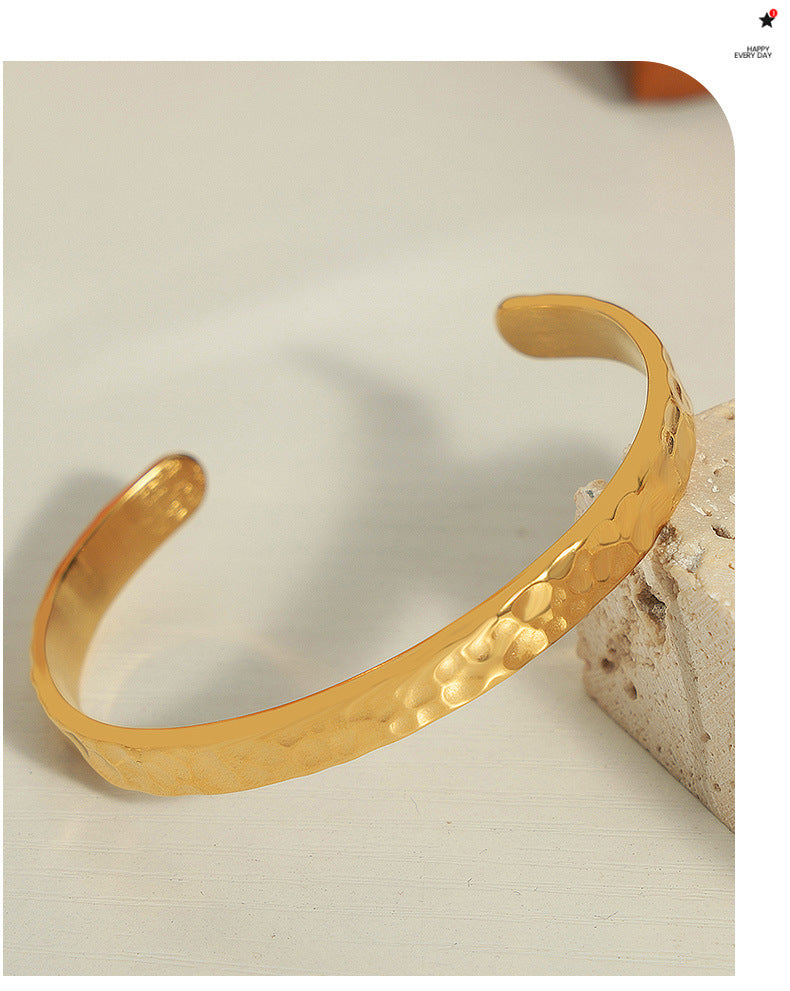 316L Stainless Steel Minimalist Irregular Hammered Open Cuff Bracelet - Image 2