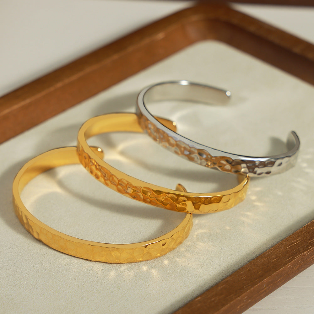 316L Stainless Steel Minimalist Irregular Hammered Open Cuff Bracelet - Image 3