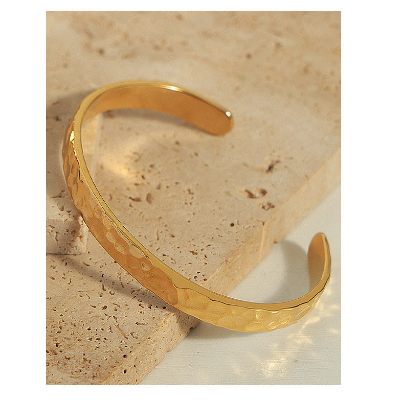 316L Stainless Steel Minimalist Irregular Hammered Open Cuff Bracelet - Image 5