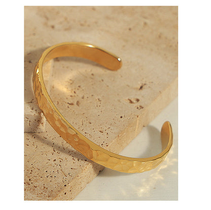 316L Stainless Steel Minimalist Irregular Hammered Open Cuff Bracelet - Image 5