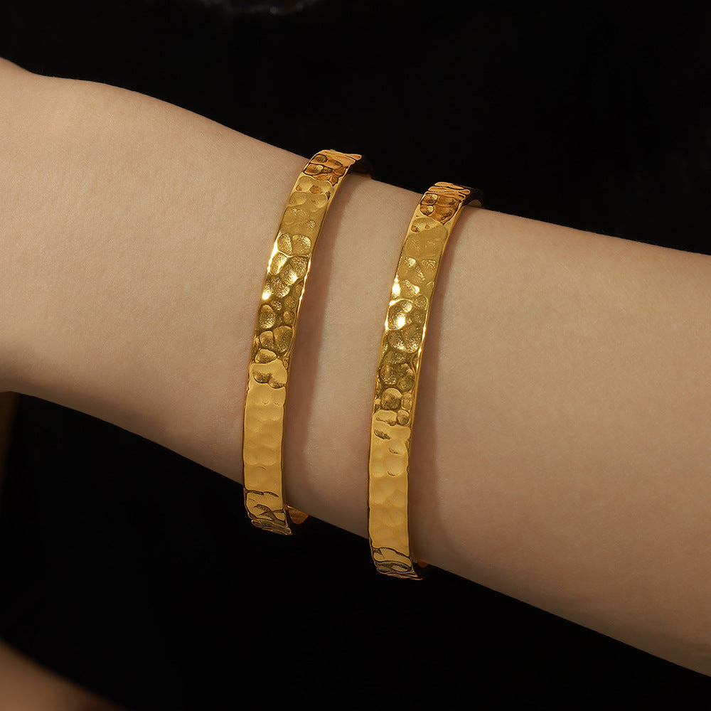 316L Stainless Steel Minimalist Irregular Hammered Open Cuff Bracelet - Image 6