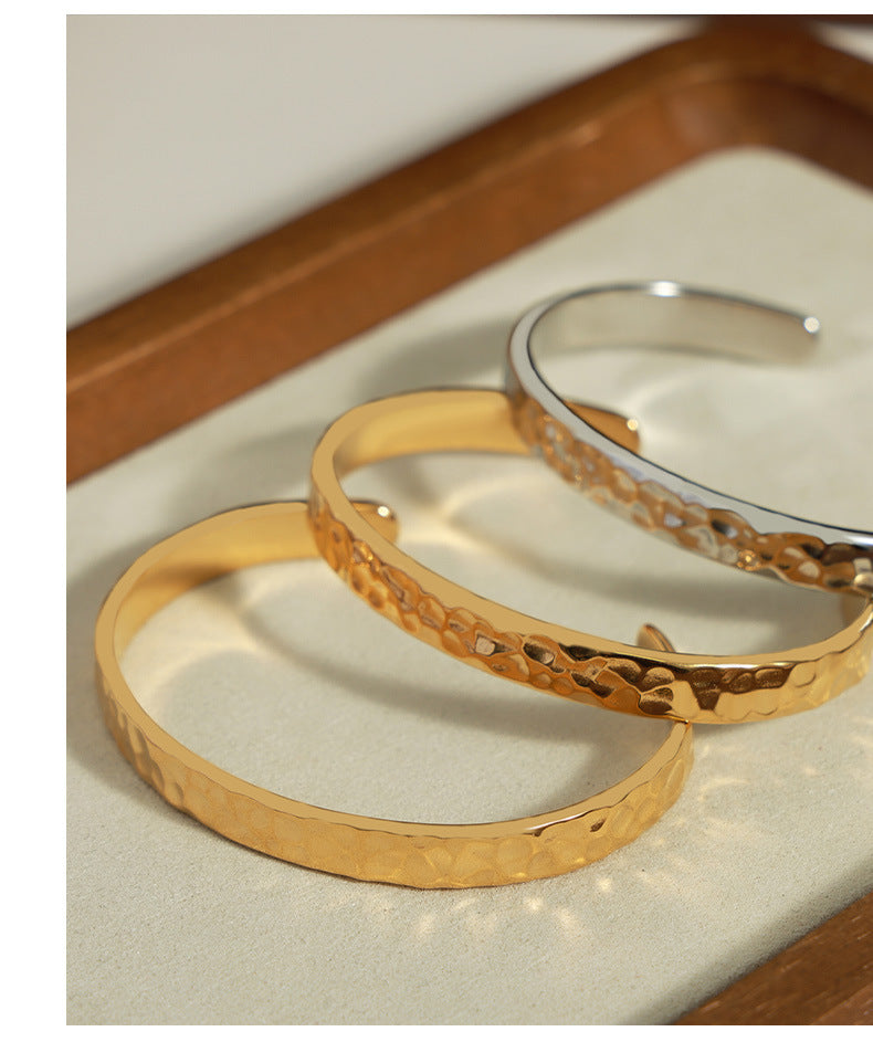316L Stainless Steel Minimalist Irregular Hammered Open Cuff Bracelet - Image 7