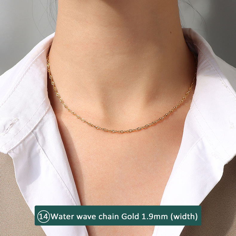 316L stainless steel 18K Gold Plated Minimalist Layering Chain Necklaces flat lay display for wholesale necklace buyers