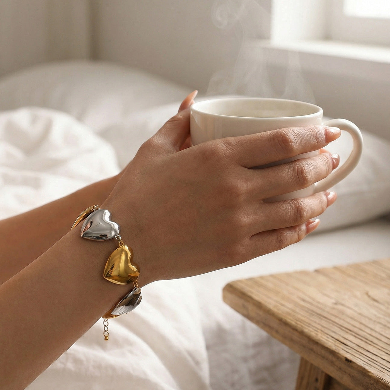 316L Stainless Steel Minimalist Two-Tone Heart Chain Bracelet & Necklace - Image 13