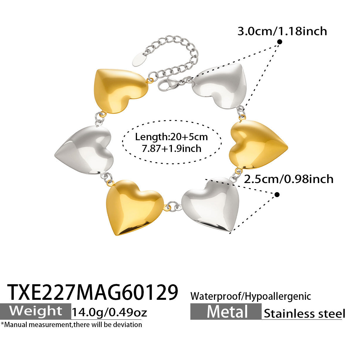 316L Stainless Steel Minimalist Two-Tone Heart Chain Bracelet & Necklace - Image 2