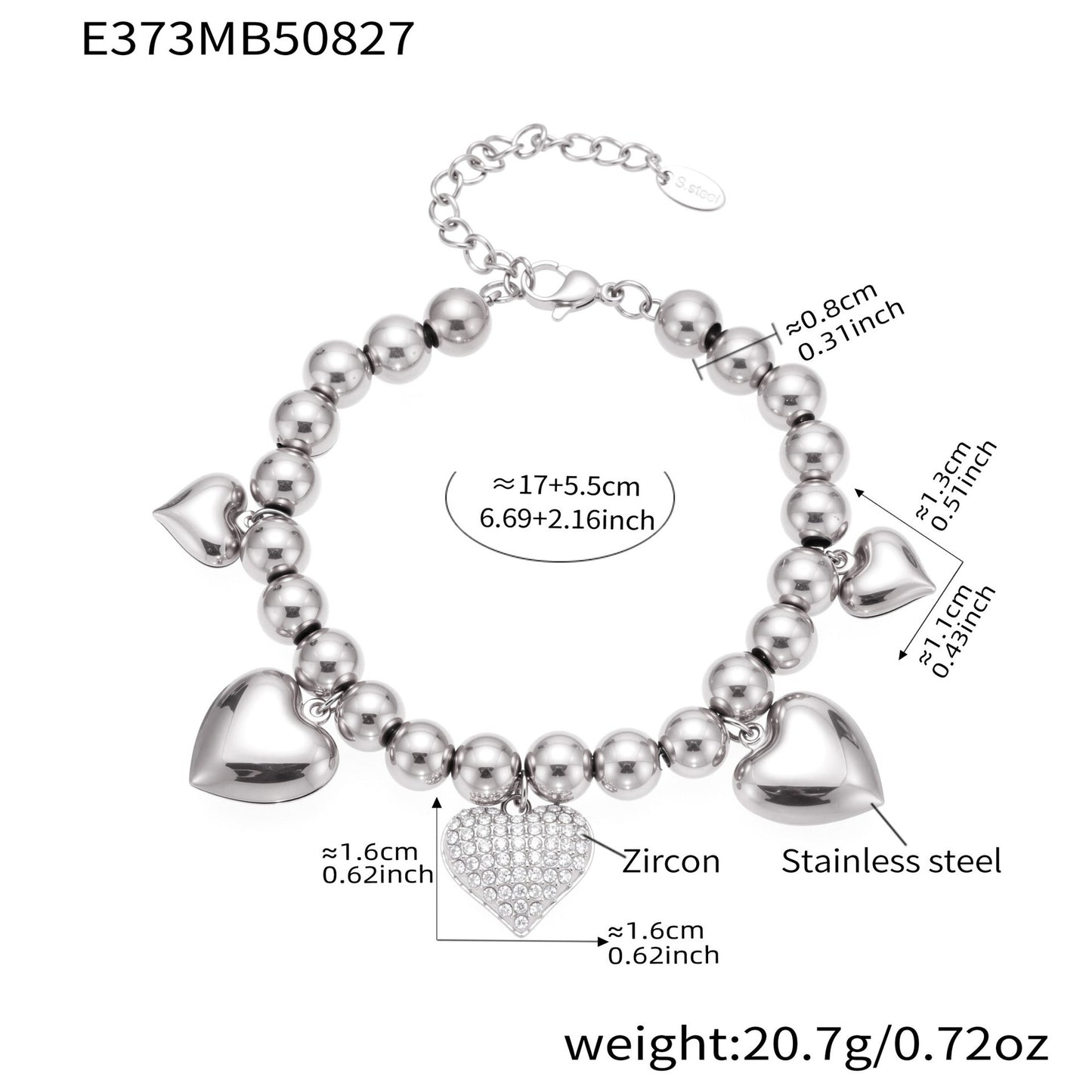 316L Stainless Steel Minimalist Zircon Heart Charm Bracelet - Image 5