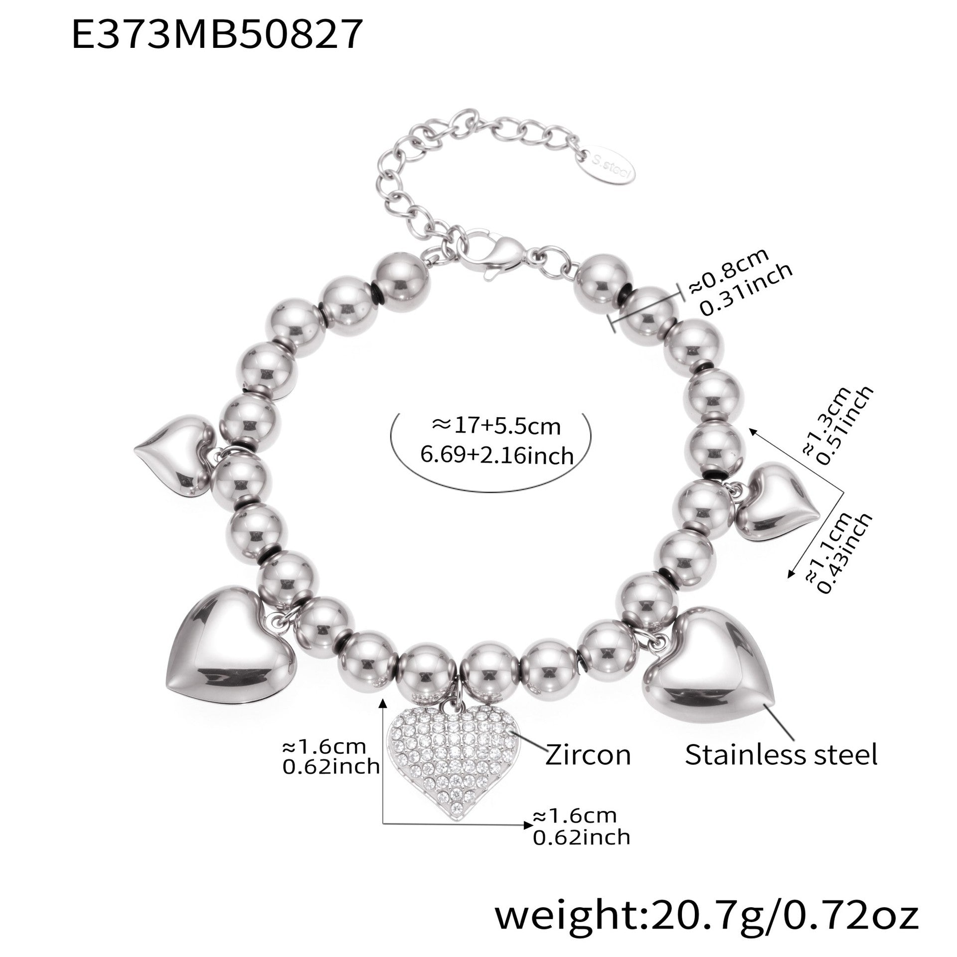 316L Stainless Steel Minimalist Zircon Heart Charm Bracelet - Image 5
