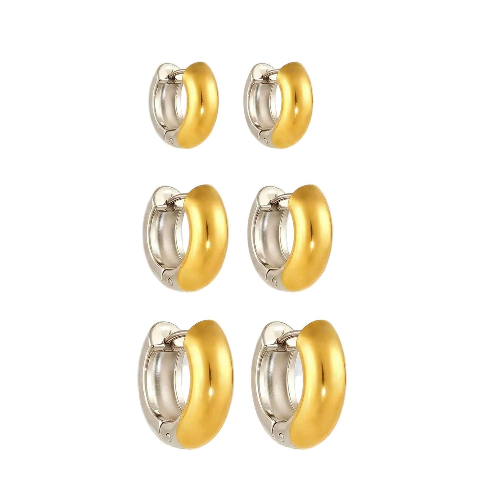 High-polished two-tone 316L stainless steel huggie hoop earrings with 18K gold plating and silver contrast in three sizes (S, M, L).