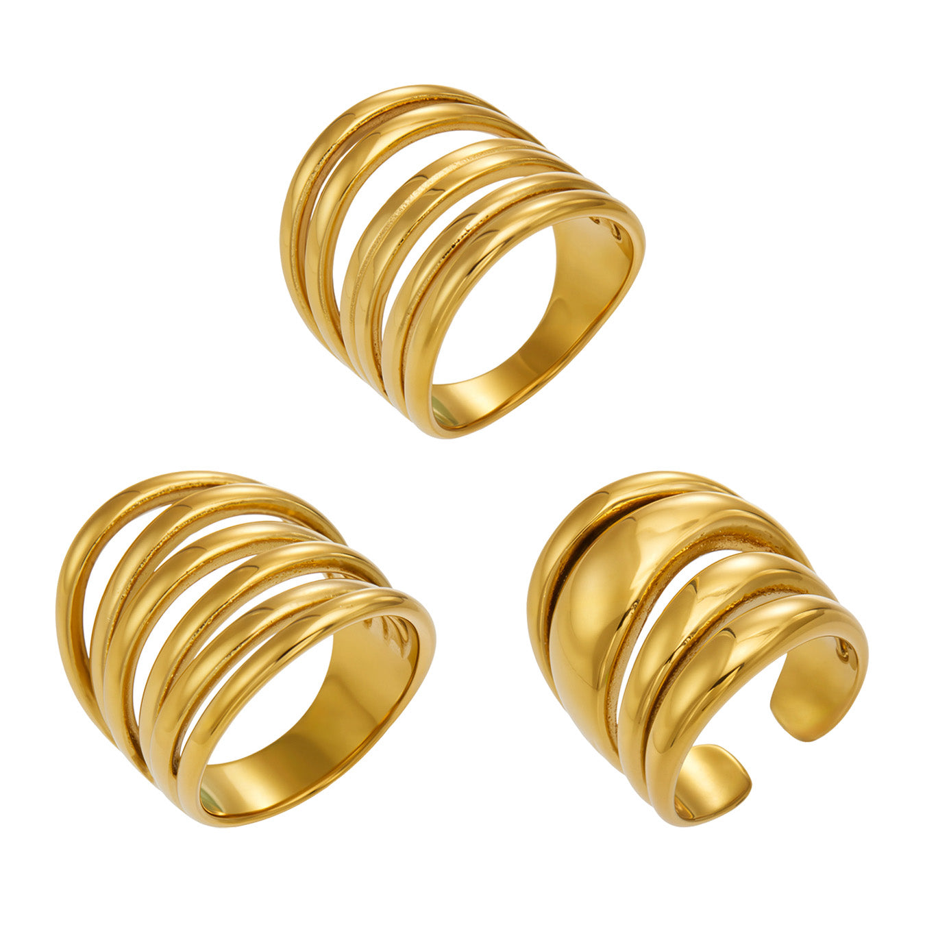 Three gold tone 316L stainless steel multi-band open rings with irregular statement designs