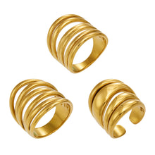 Three gold tone 316L stainless steel multi-band open rings with irregular statement designs