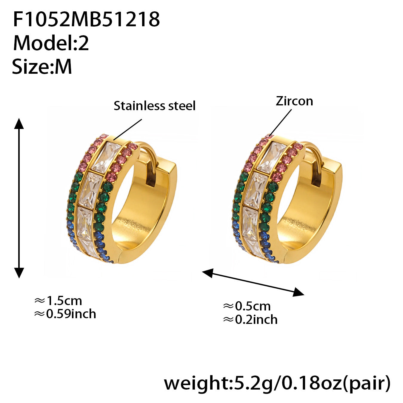 316L stainless steel double row CZ huggie earrings size M waterproof earrings