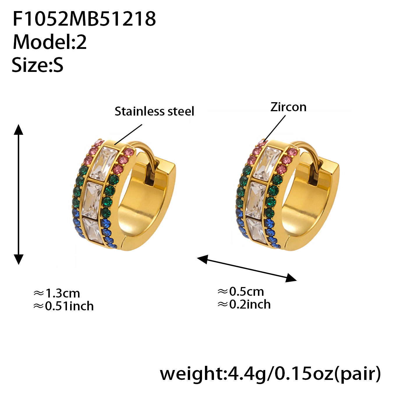 316L stainless steel multi color 5A CZ hoop earrings with double row zirconia