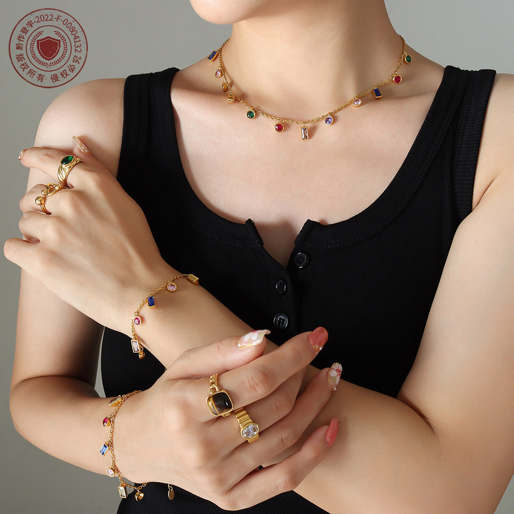 316L Stainless Steel Multi-Color Zircon Tassel Necklace & Chic Bracelet Set - Image 1