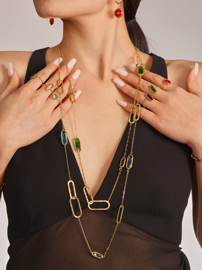 316L Stainless Steel Multi-Faceted Geometric Clear Glass Double Layer Collarbone Necklace - Image 11