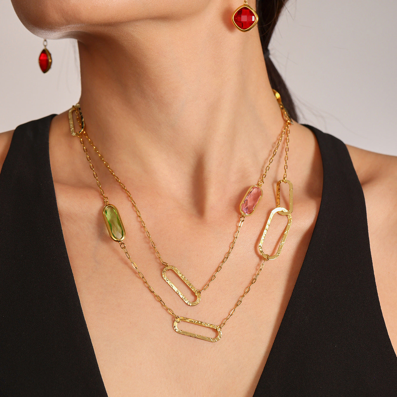 316L Stainless Steel Multi-Faceted Geometric Clear Glass Double Layer Collarbone Necklace - Image 4