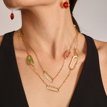 316L Stainless Steel Multi-Faceted Geometric Clear Glass Double Layer Collarbone Necklace - Image 4