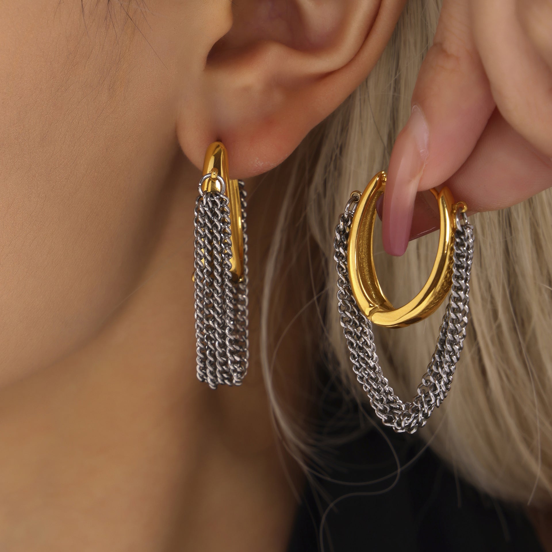 316L Stainless Steel Multi-layer Chain Tassel Earrings - Image 5