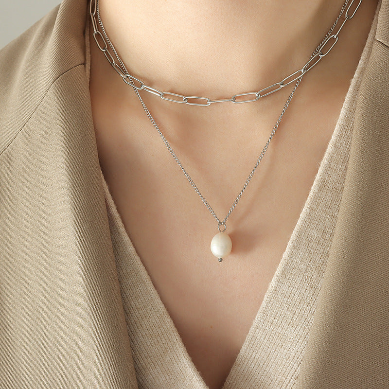316L Stainless Steel Multi-Layer Freshwater Pearl Pendant Necklace - Image 1