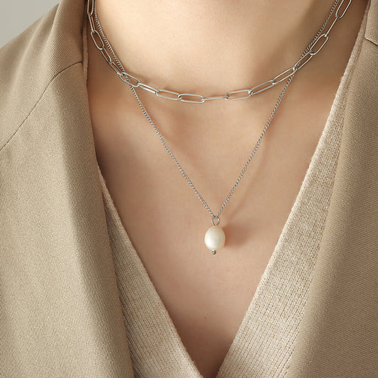 316L Stainless Steel Multi-Layer Freshwater Pearl Pendant Necklace - Image 1