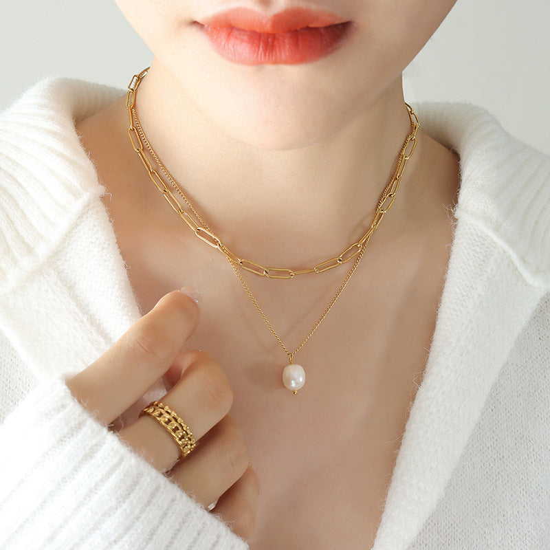 316L Stainless Steel Multi-Layer Freshwater Pearl Pendant Necklace - Image 2