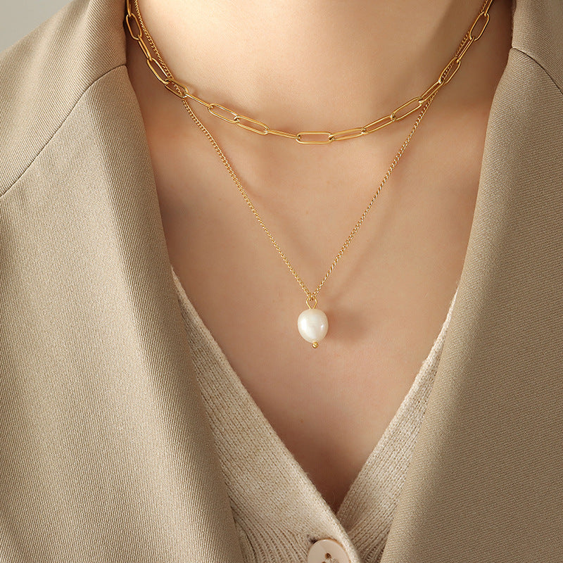 316L Stainless Steel Multi-Layer Freshwater Pearl Pendant Necklace - Image 4