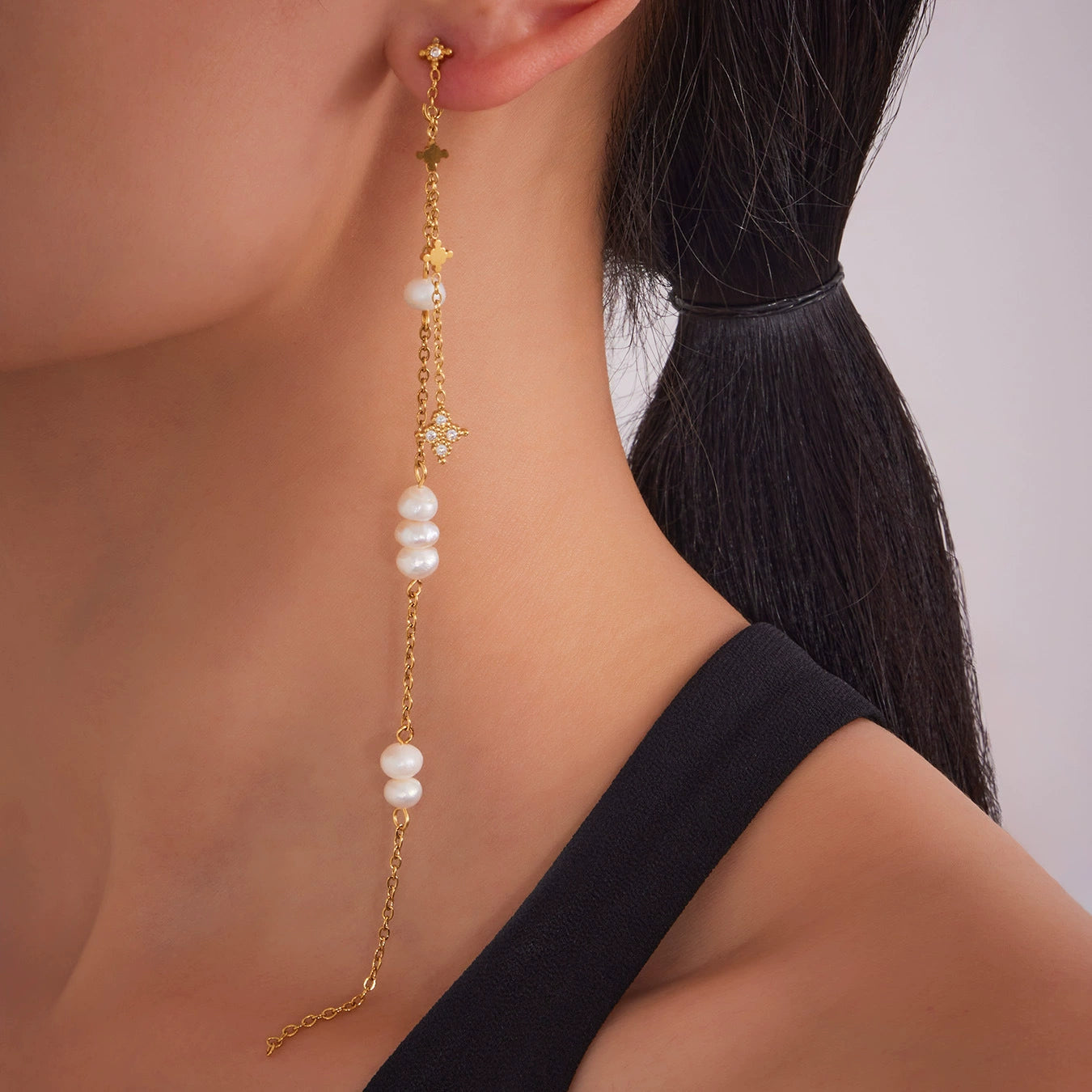 316L Stainless Steel Multi-Layer Freshwater Pearl Tassel Earrings with Star Pendant - Image 5