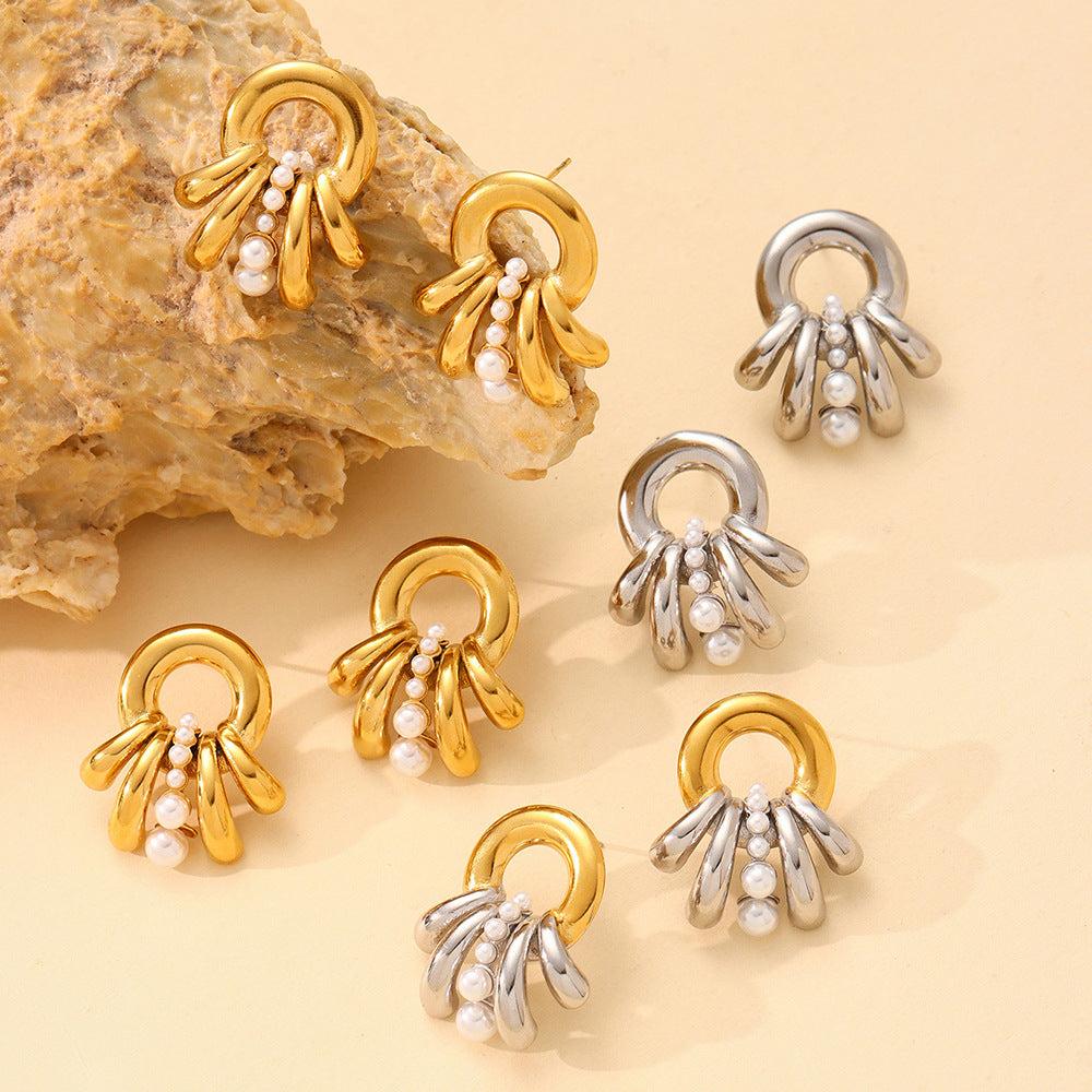 316L Stainless Steel Multi-Layer Shell Pearl Earrings - Image 1