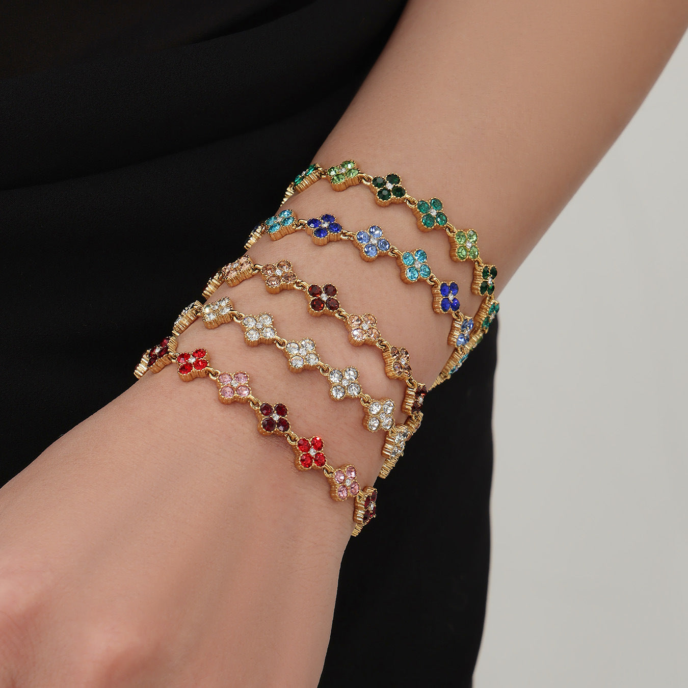 316L Stainless Steel Dopamine Four-Leaf Zircon Jewelry Set – Ring Necklace Bracelet Earrings