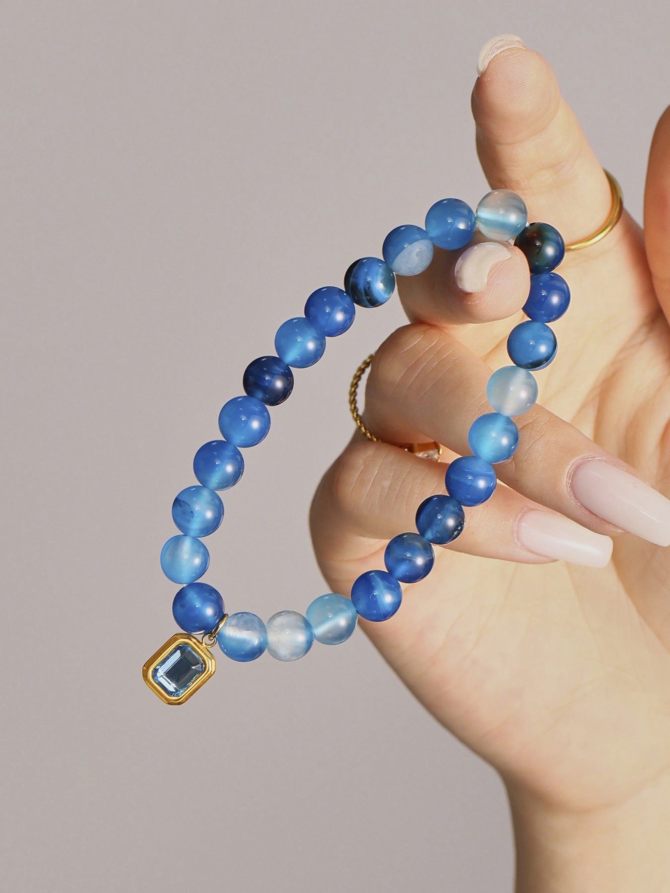 316L Stainless Steel Natural Agate Handmade Elastic Beaded Bracelet - Image 3