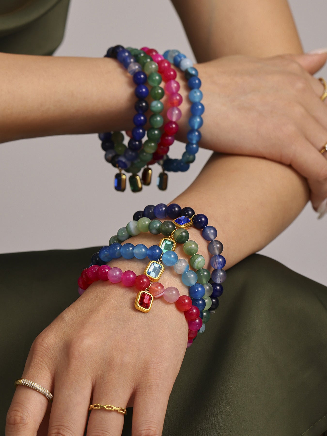 316L Stainless Steel Natural Agate Handmade Elastic Beaded Bracelet - Image 4