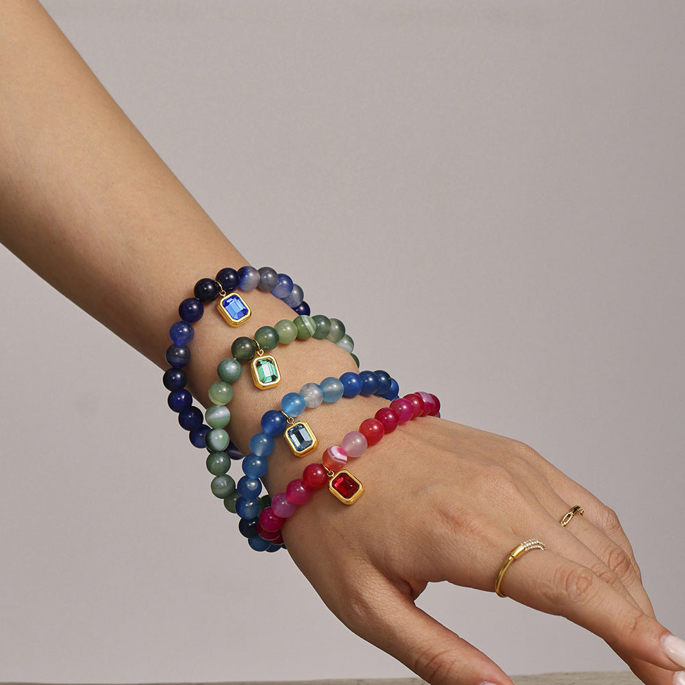 316L Stainless Steel Natural Agate Handmade Elastic Beaded Bracelet - Image 5